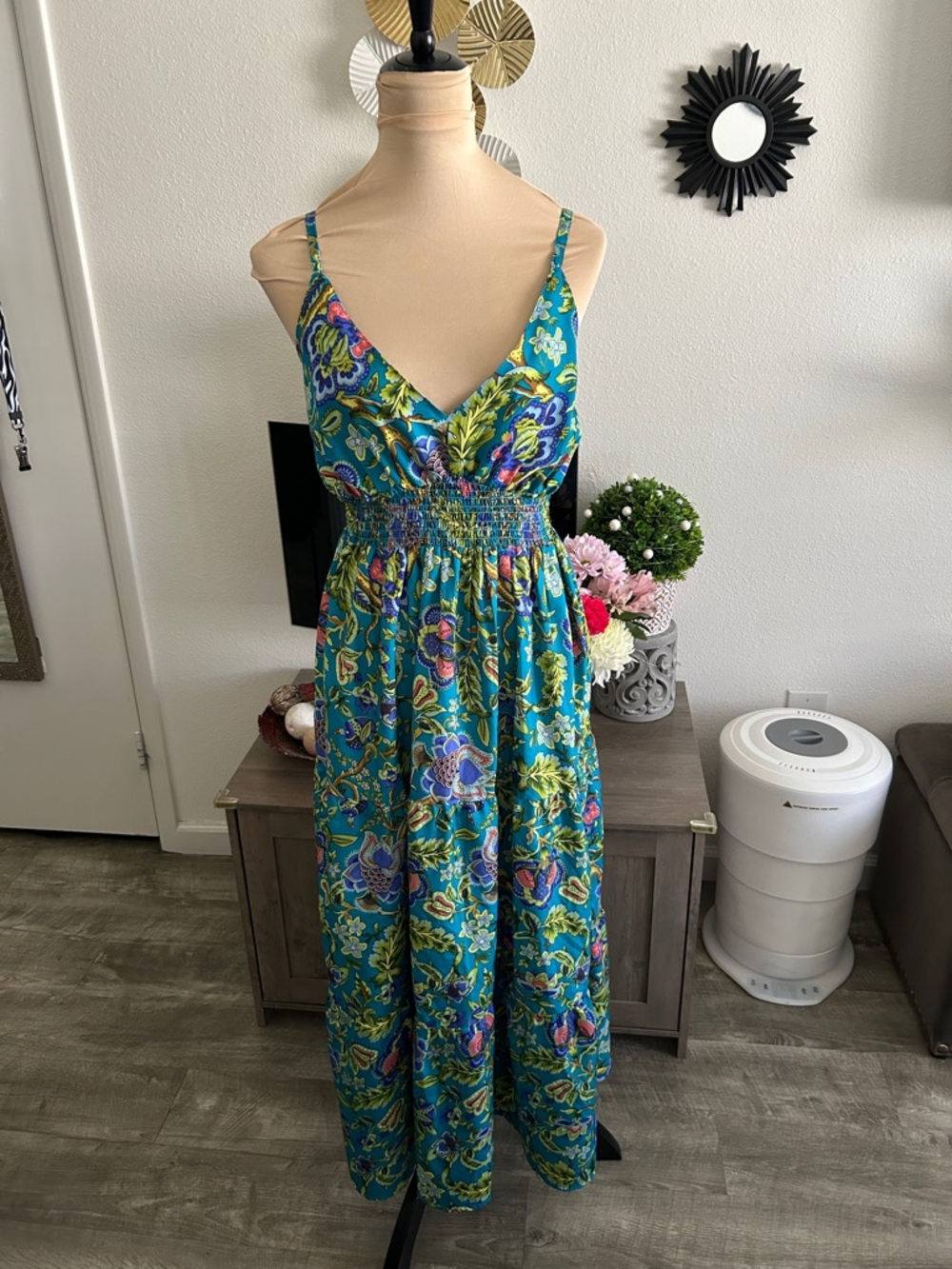 Floral V-Neck Smocked Waist Maxi Dress in Teal